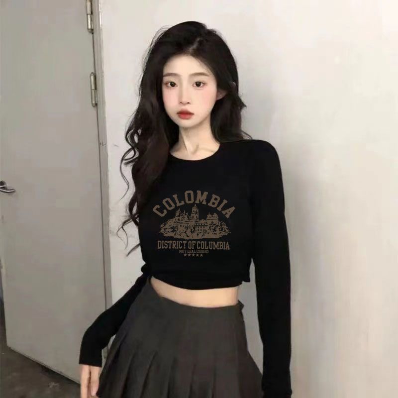 美式小眾T恤女早秋新款短款緊身內搭打底衫高腰露臍純色長袖上衣