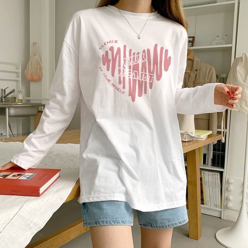 100%純棉長袖秋冬新款印花上衣服男女同款百搭休閒寬鬆內搭打底衫