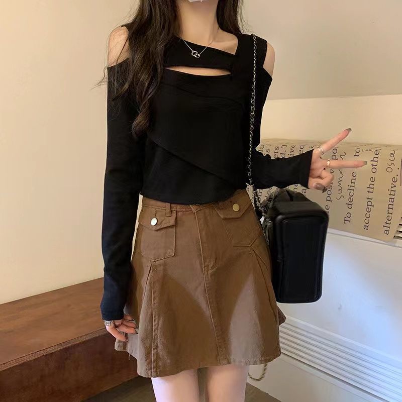 不規則短款獨特别致小上衣女秋季新款純欲內搭長袖T恤打底衫