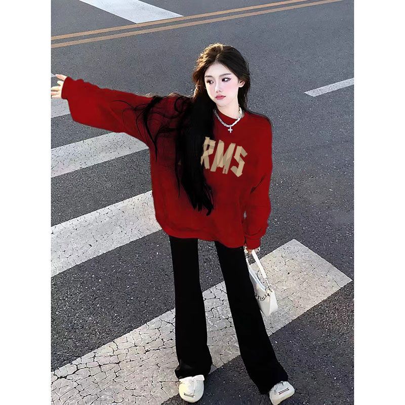 紅色衛衣女冬季新款圓領小個子慵懶風加絨加厚上衣龍年本命年衣服
