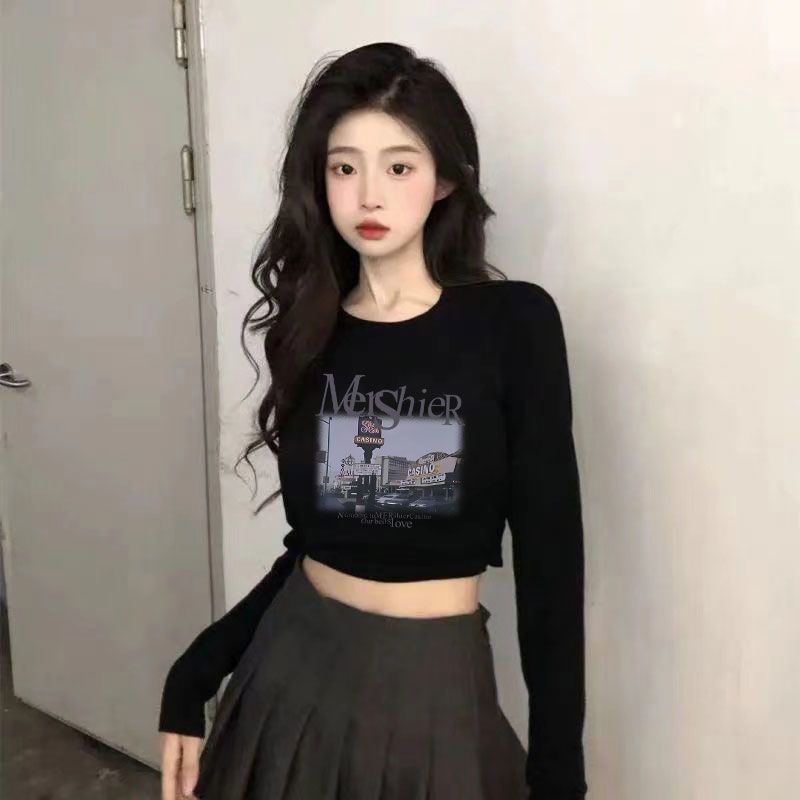 美式基礎黑色T恤打底衫女高腰修身顯瘦百搭辣妹短款修身上衣長袖