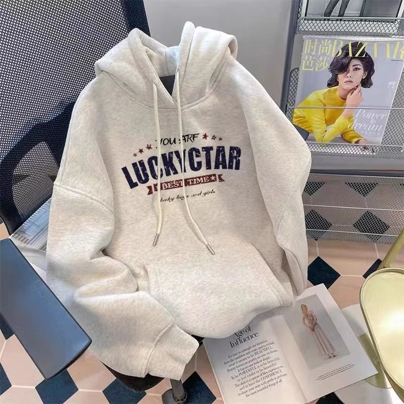 American original high street trendy letter hooded sweatshirt for men and women, autumn and winter plus velvet heavyweight loose slim coat