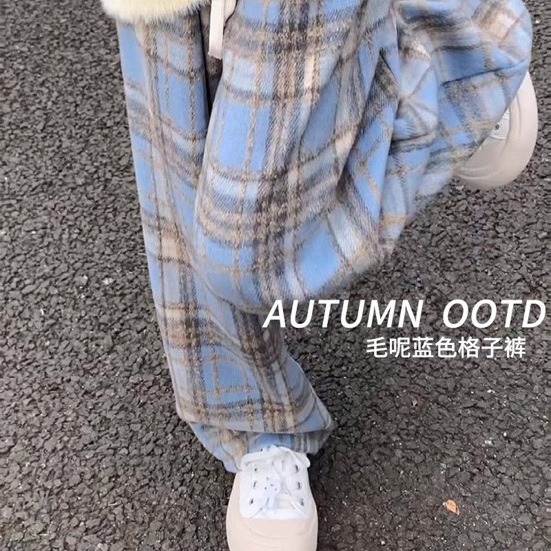 加絨復古格子褲女秋冬季新款潮流高腰垂感休閒保暖棉褲毛呢闊腿褲
