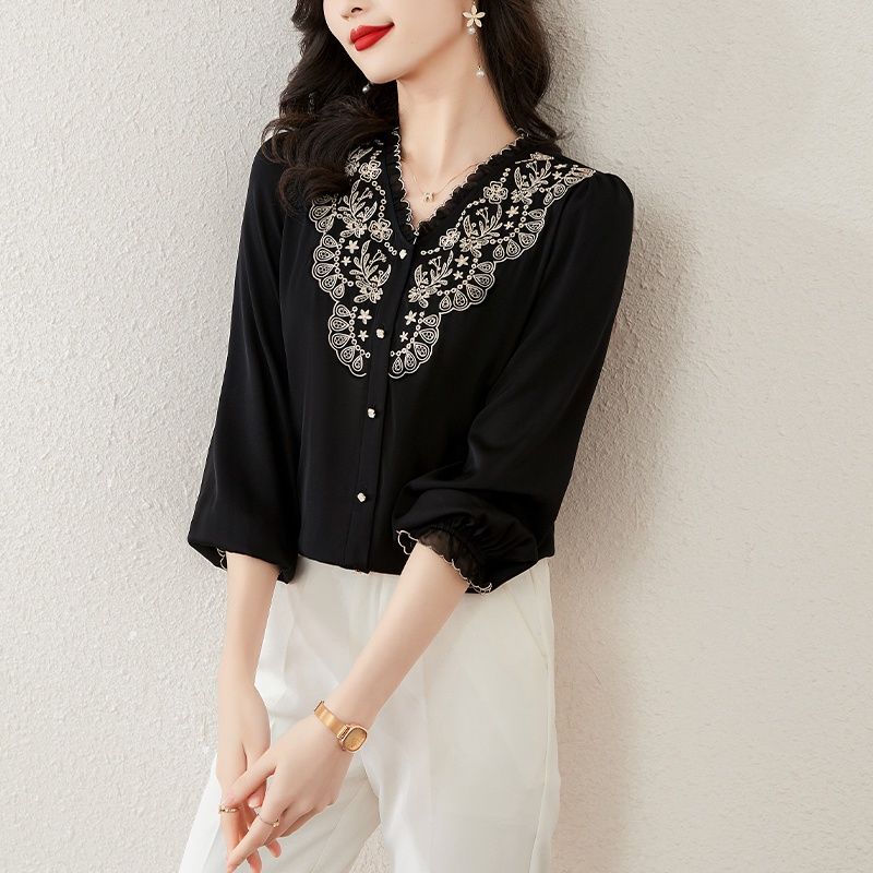 2024春甜美女人味木耳花邊v領桑蠶絲襯衫上衣女刺繡長袖顯瘦小衫