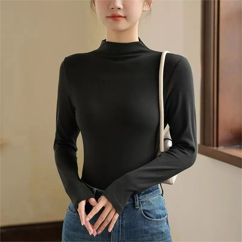 商場同款-德絨半高領打底衫女秋冬內穿長袖t恤內搭修身保暖上衣女