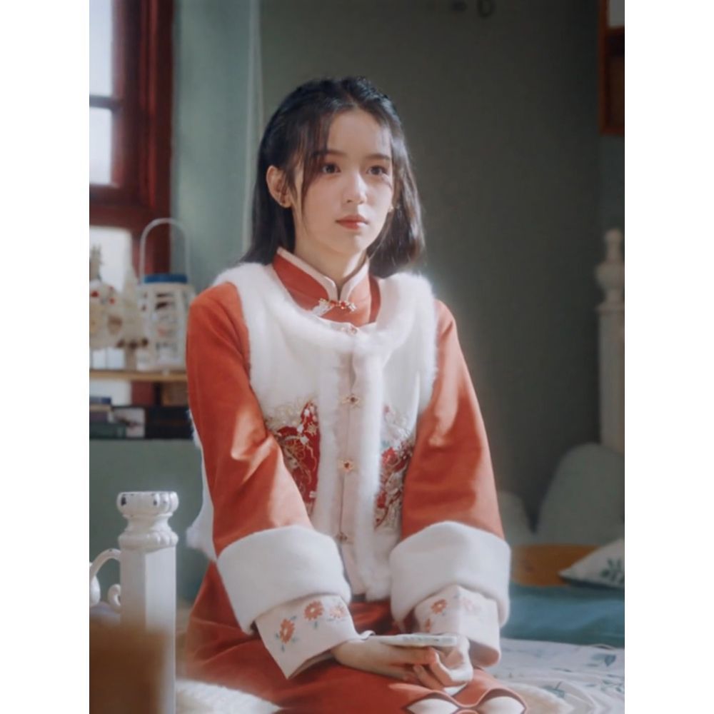 明星周也同款新中式穿搭改良旗袍國風馬甲套裝裙冬季漢服訂婚禮服