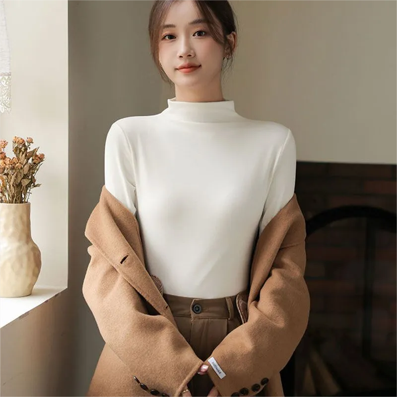 商場同款-德絨半高領打底衫女秋冬高級長袖t恤內搭修身保暖上衣女