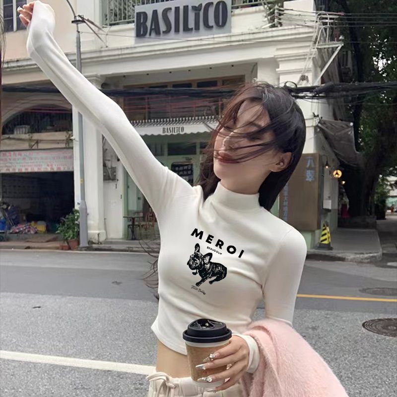德絨半高領打底衫女2023新款秋冬內搭加絨辣妹短款長袖T恤上衣服