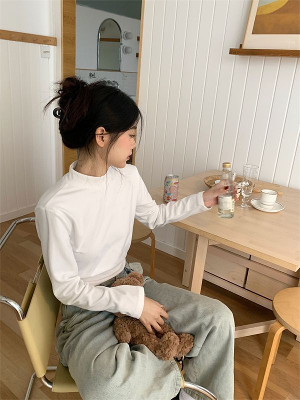 秋冬款加厚雙面德絨打底衫女2024百搭修身半高領t恤女裝保暖上衣T