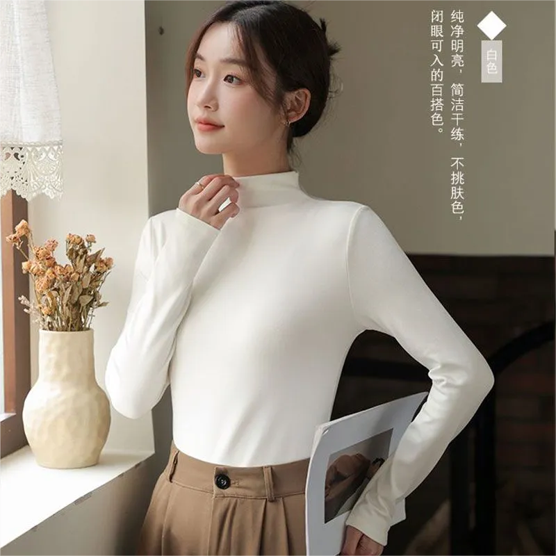 商場同款-德絨半高領打底衫女秋冬大碼長袖t恤內搭修身保暖上衣女