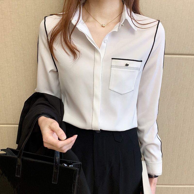 2024春新款高檔氣質襯衫女長袖設計感小眾襯衣簡約百搭雪紡上衣潮