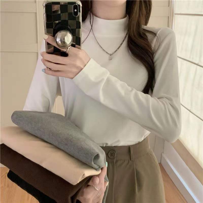 德絨半高領t恤女秋冬獨特别致小上衣白色長袖體恤內搭保暖打底衫