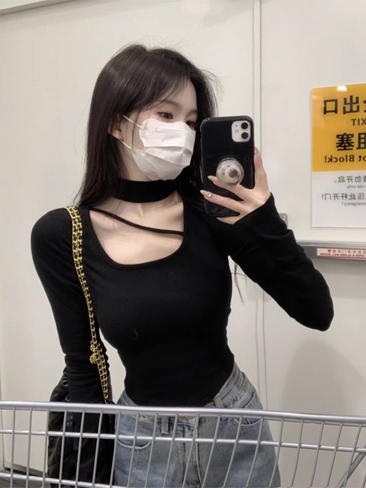 黑色純欲風掛脖修身打底衫女秋冬純欲風新款長袖內搭正肩T恤上衣