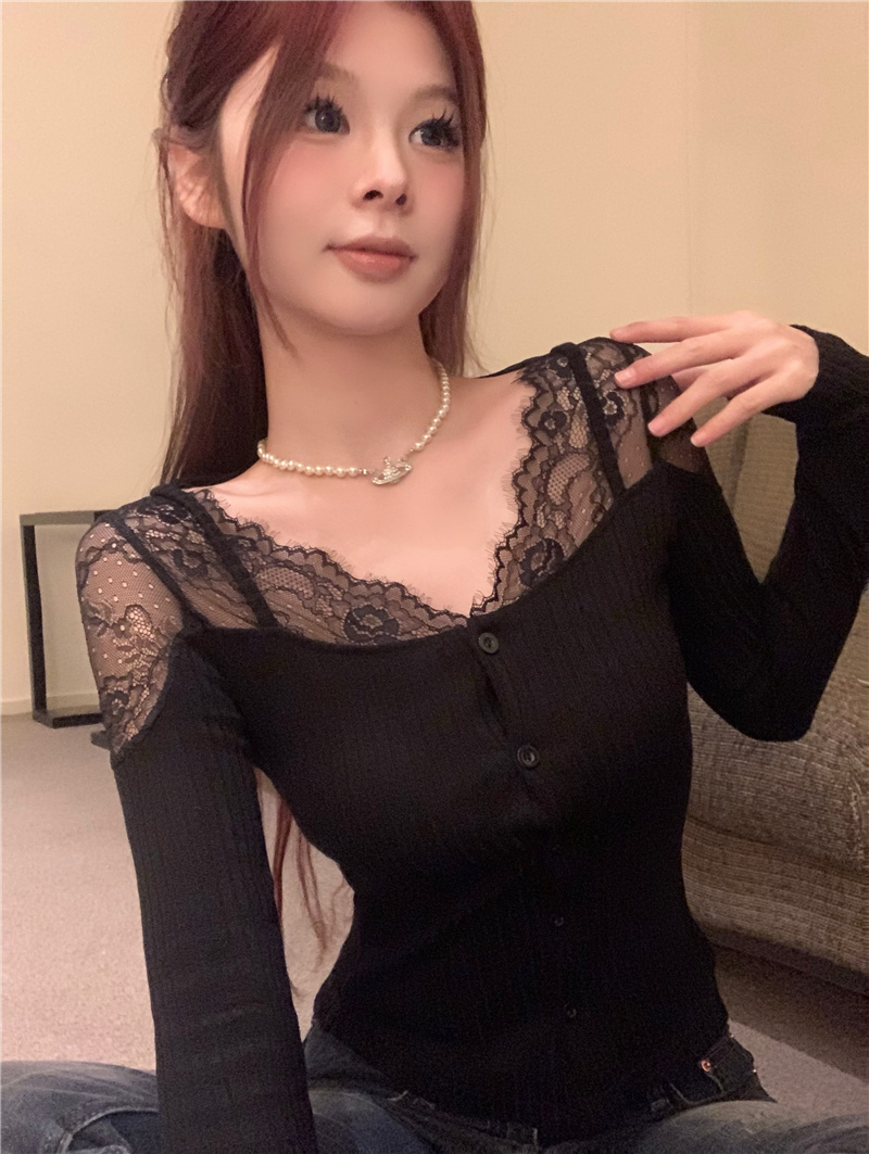 黑色V領蕾絲長袖T恤女秋季新款純欲修身顯瘦打底衫辣妹短款上衣潮