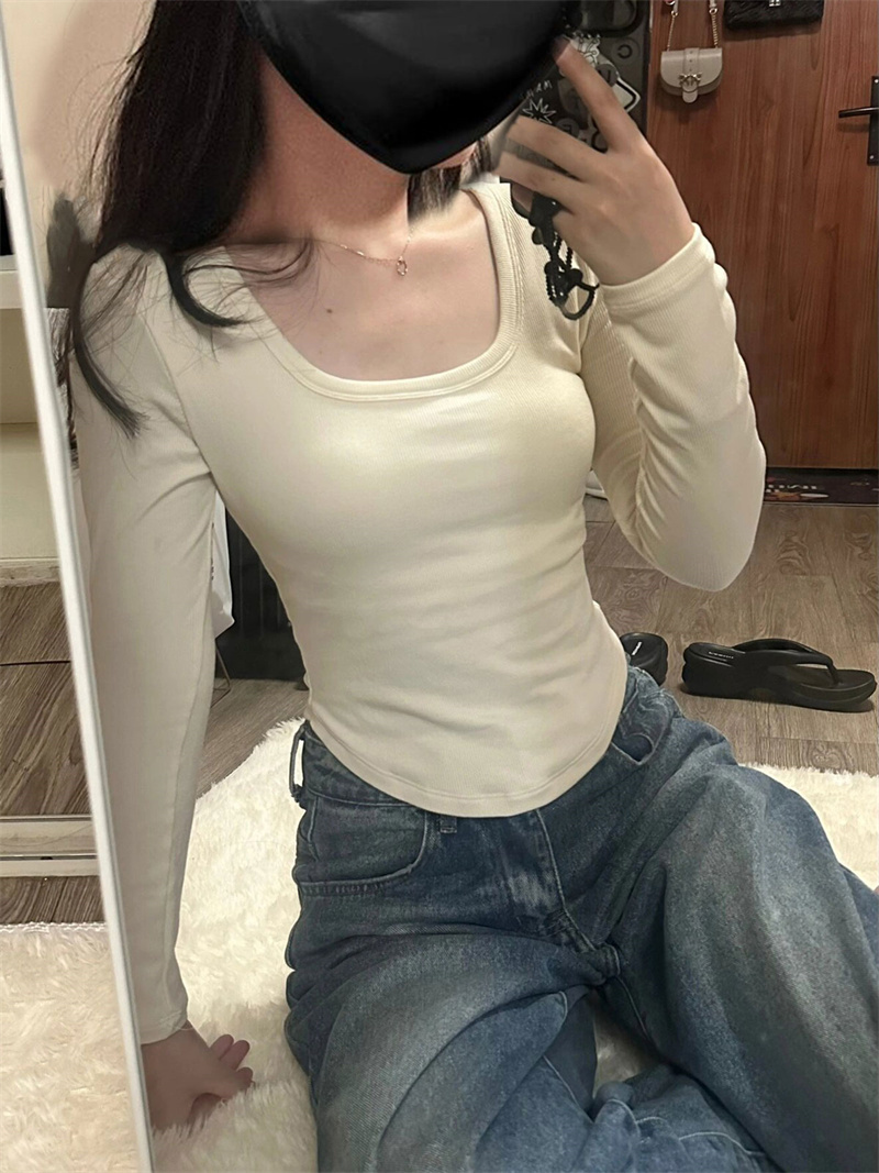 德絨U領打底衫女秋冬季大衣內搭簡約時尚修身緊身收腰長袖t恤上衣