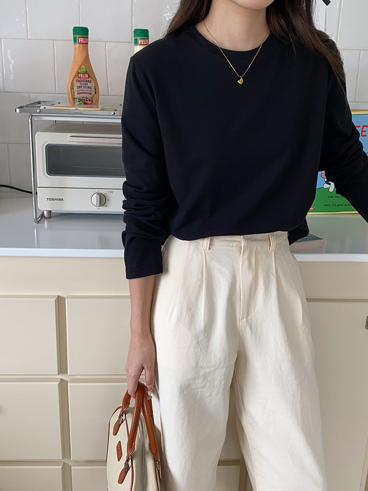Korean temperament solid color warm brushed soft waxy T-shirt for women autumn hot style thickened inner layering shirt long-sleeved top