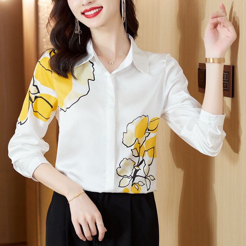 時尚氣質定位印花重磅襯衣女2024春季新款長袖高端桑蠶絲襯衫上衣