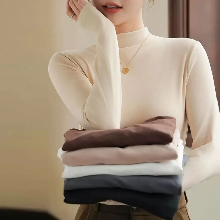 商場同款-德絨半高領打底衫女秋冬高級長袖t恤內搭修身保暖上衣女