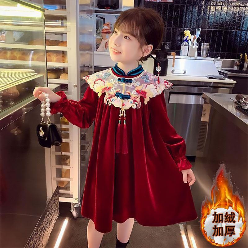 Girls' velvet dress winter wear  new style children's red princess dress girl's Chinese style New Year's wear