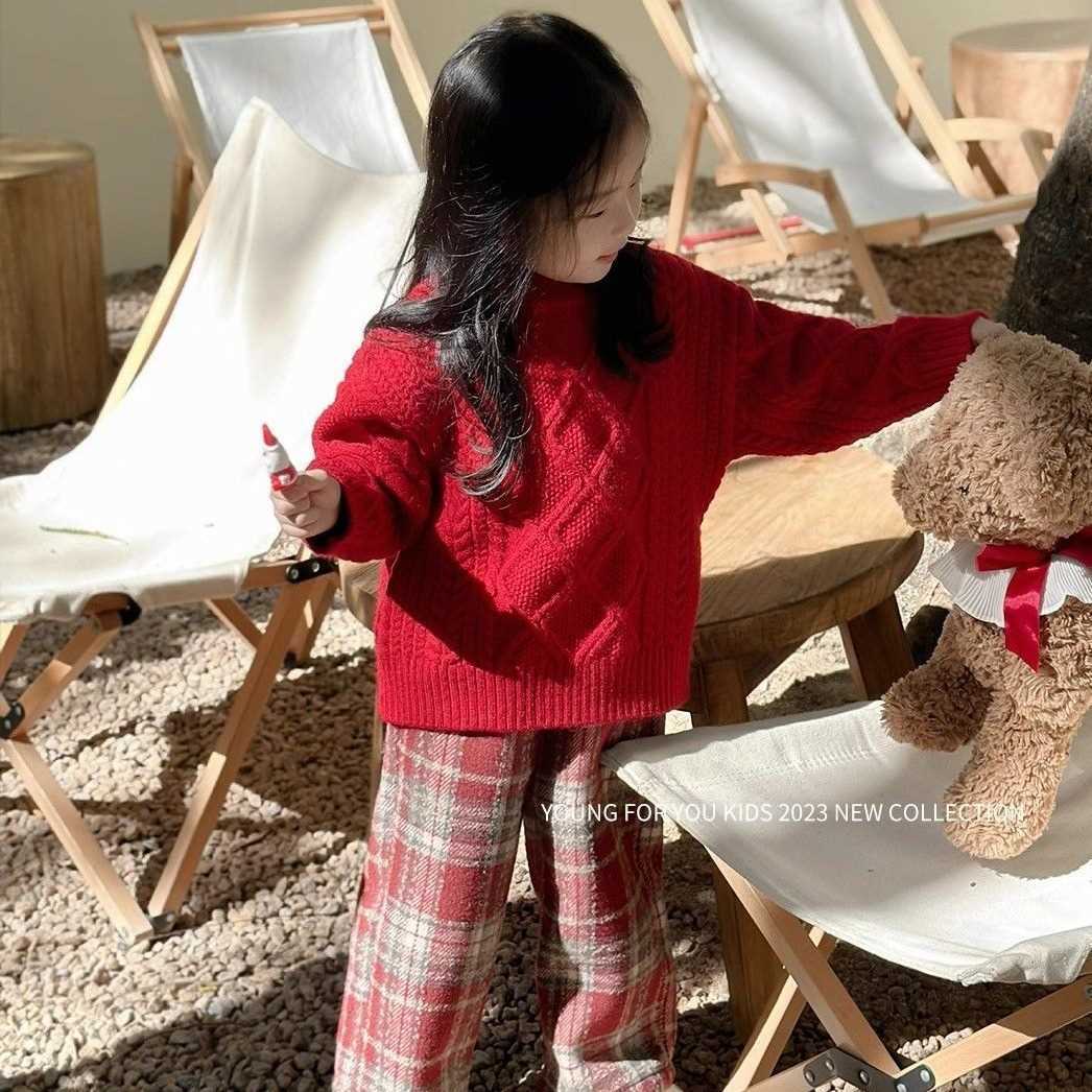 韓版女童2023冬季新款紅色針織毛衣女寶寶紅色格子直筒褲兩件套潮