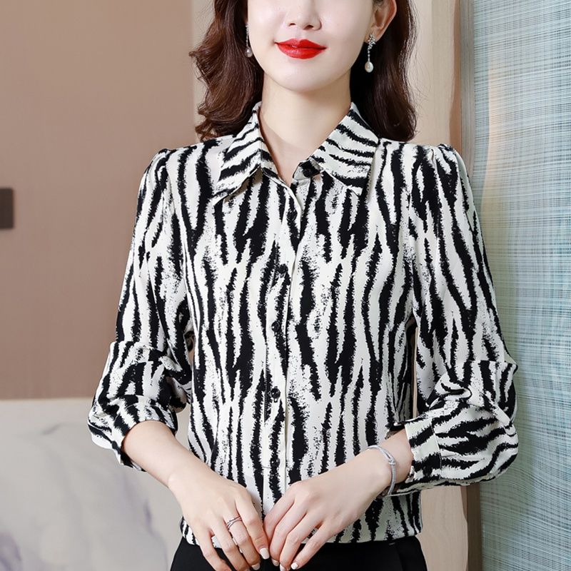 2024春季新款真絲寬鬆襯衣女時尚氣質顯瘦長袖斑馬條印花上衣女潮