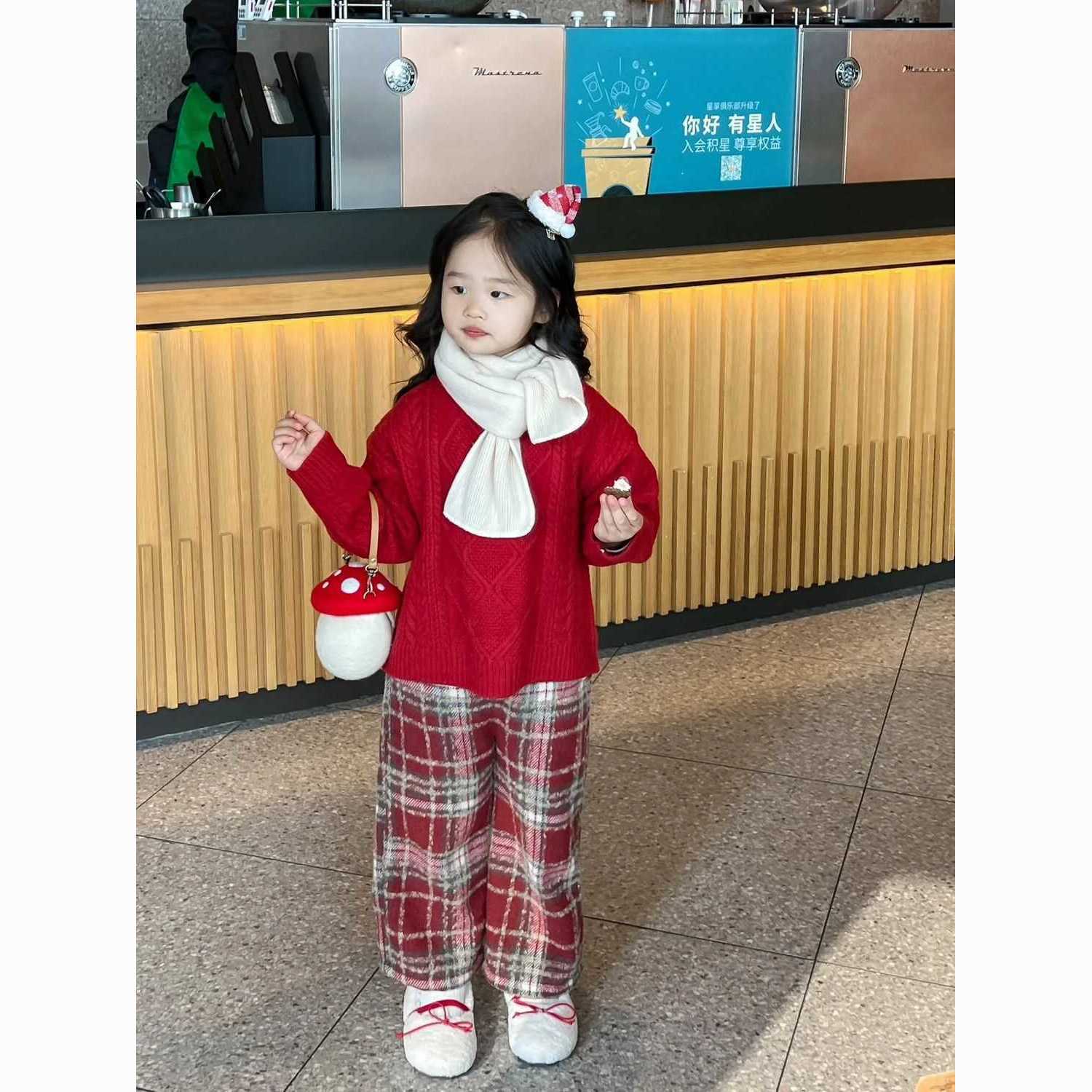 Red sweater girls new high-end New Year's shirt New Year's children's clothing autumn and winter clothing small fragrance two-piece suit