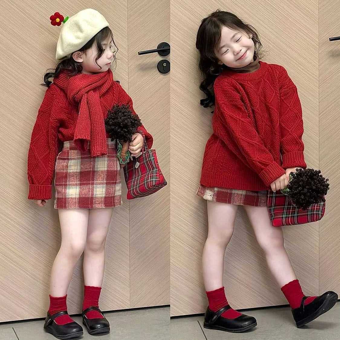 韓版女童2023秋冬新款新年紅色針織毛衣上衣女寶寶紅色格子半裙潮