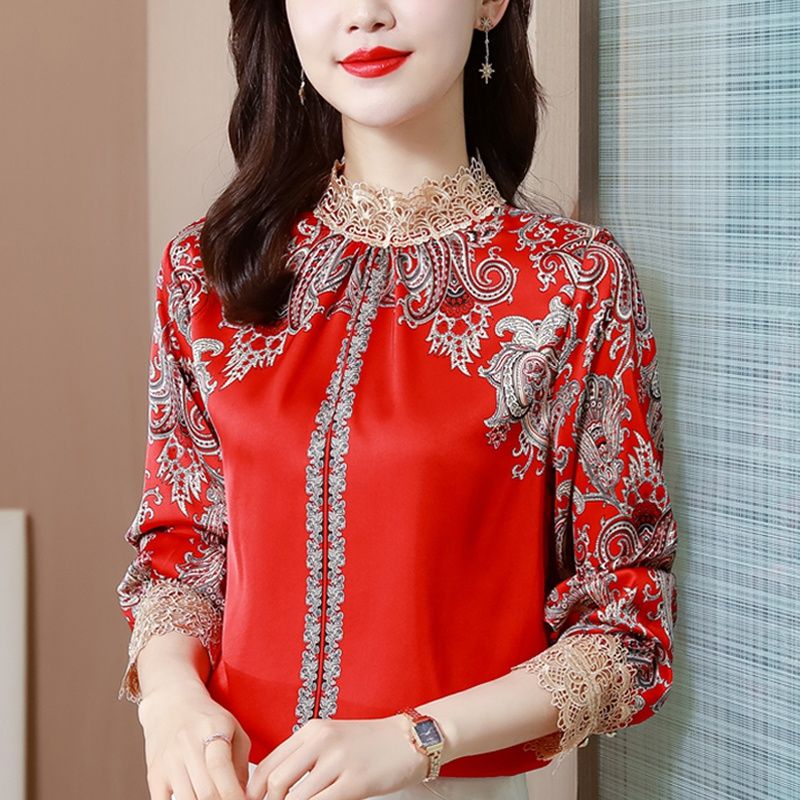 2024春季新款時尚氣質顯瘦寬鬆長袖緞面料印花真絲襯衫小眾上衣女