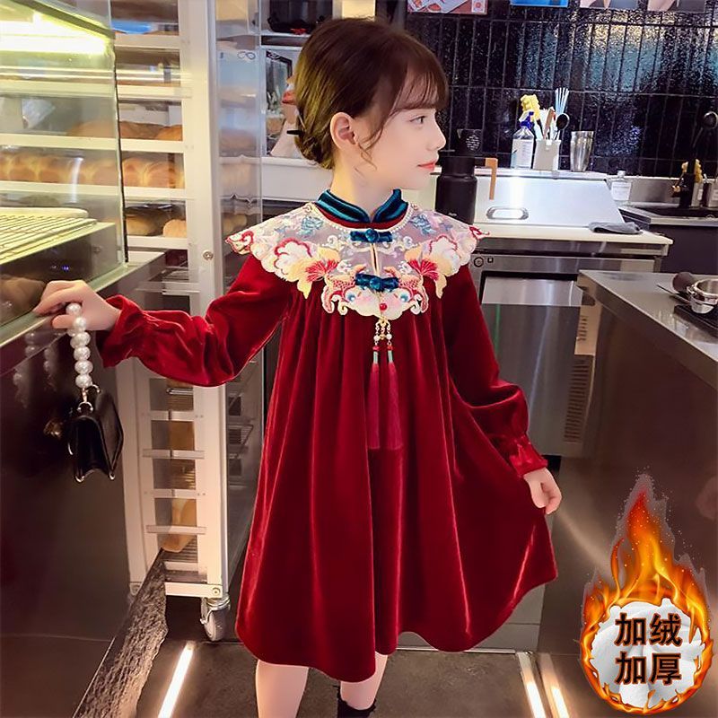 Girls' velvet dress winter wear  new style children's red princess dress girl's Chinese style New Year's wear