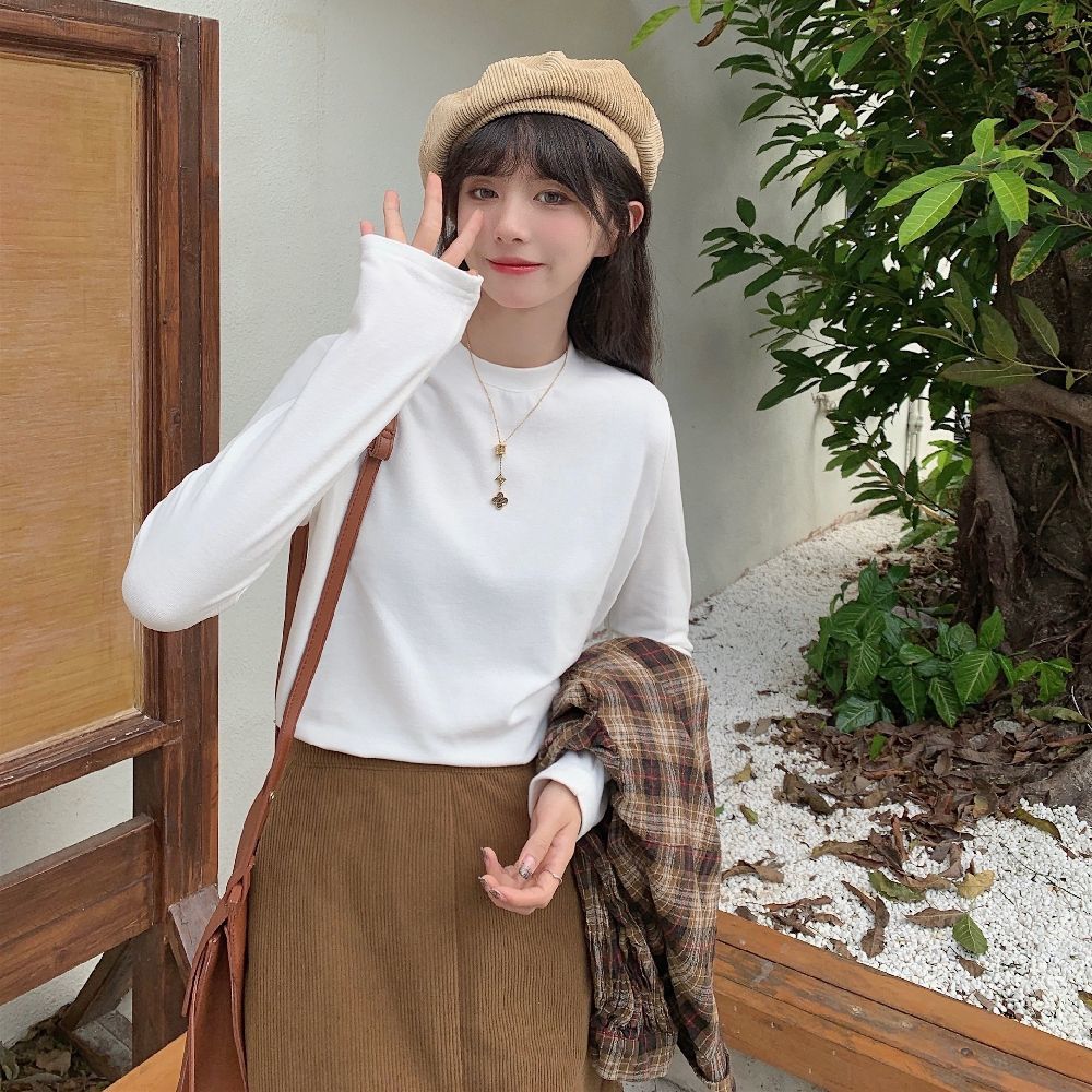 白色長袖t恤女春秋2023新款純色寬鬆圓領打底衫內搭德絨早秋上衣