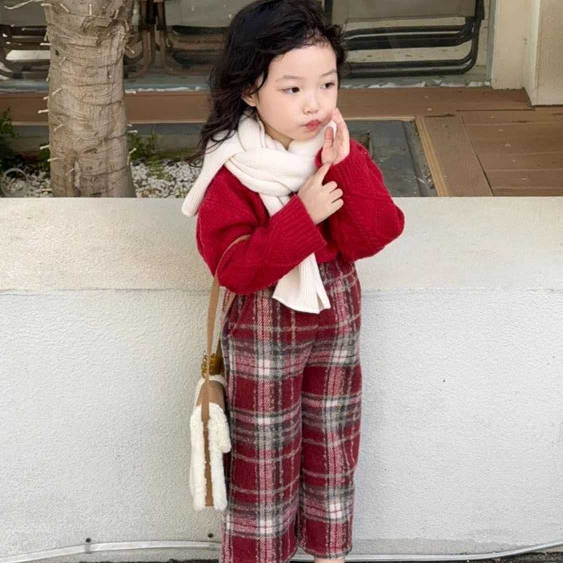 韓國童裝2023秋冬新款聖誕新年紅色針織毛衣女寶寶洋氣格子直筒褲