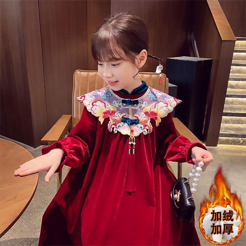 Girls' velvet dress winter wear  new style children's red princess dress girl's Chinese style New Year's wear