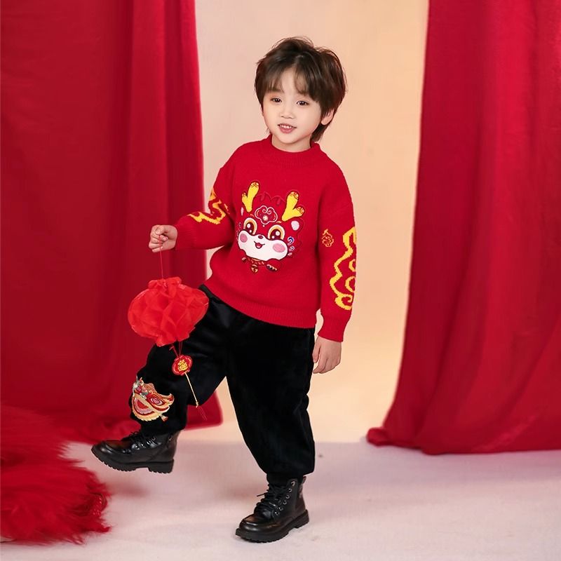 男童拜年服2024新年龙年秋冬季加厚红色毛衣女童水貂绒中国风上衣