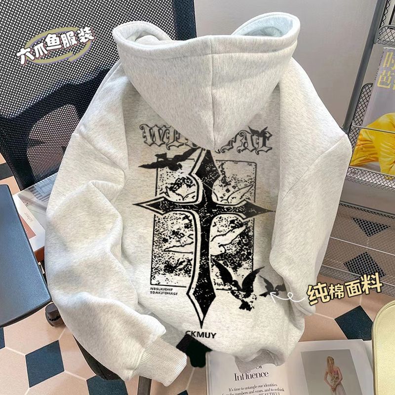 美式復古小眾潮牌ins印花連帽衛衣男女秋冬高街寬鬆加絨加厚外套