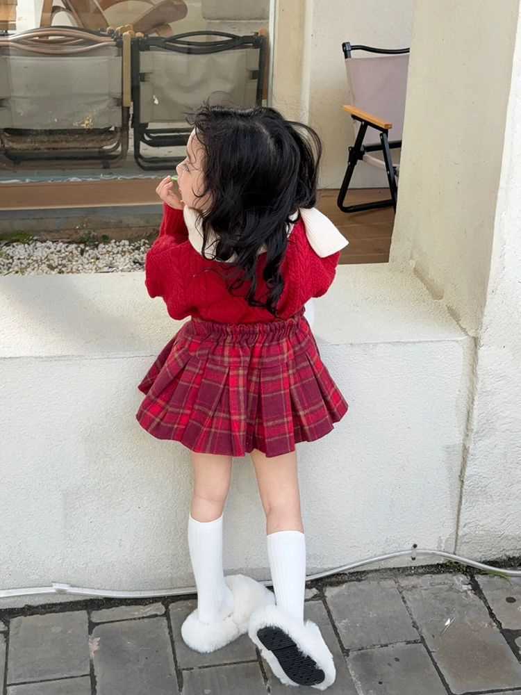 韩国童装2023秋冬新款圣诞新年红色针织毛衣女宝宝洋气上衣百褶裙