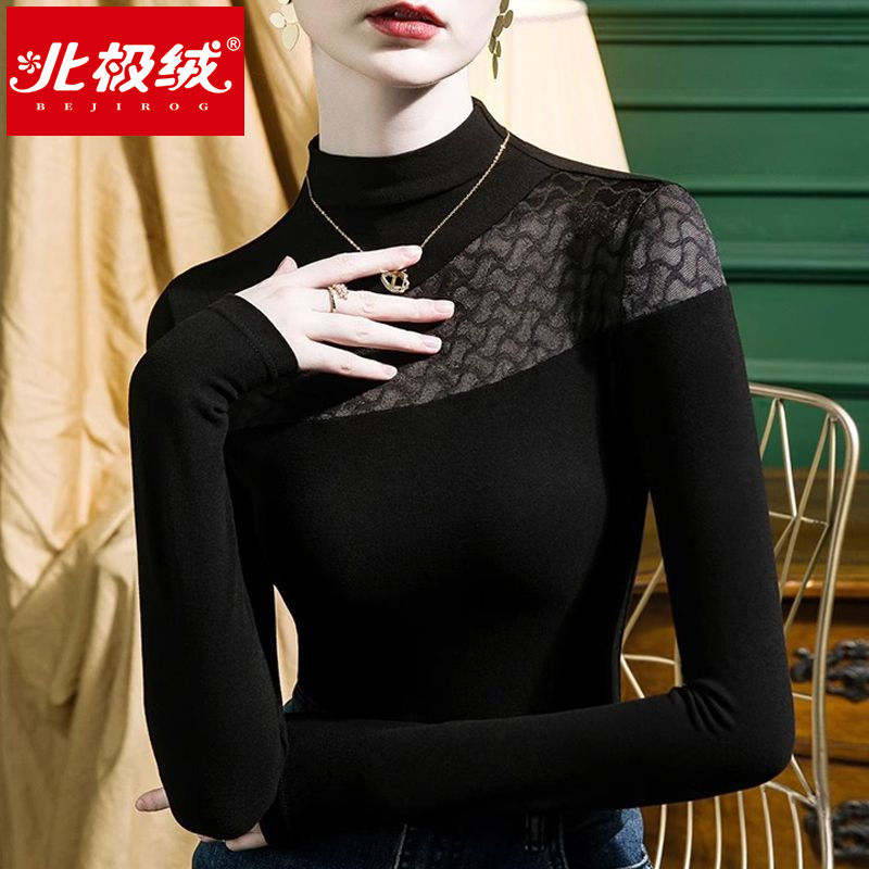 北極絨半高領磨毛打底衫春季新款氣質內搭洋氣蕾絲拼接設計感上衣