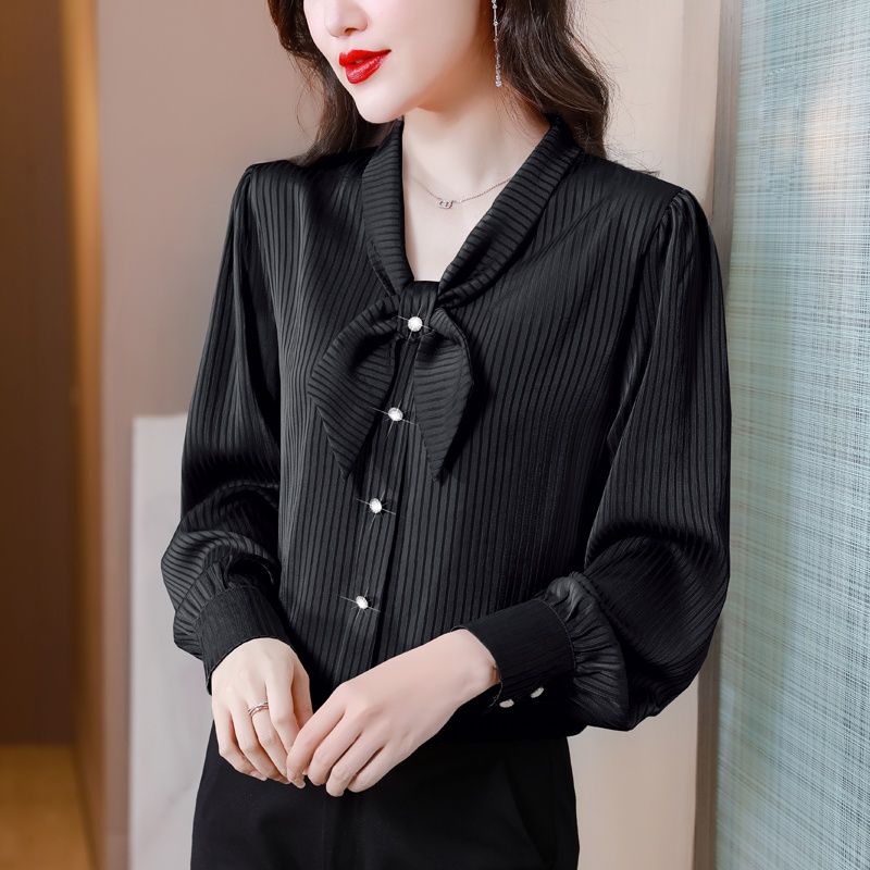 2024春季新款長袖寬鬆襯衣女時尚氣質顯瘦簡約真絲純色套頭上衣女