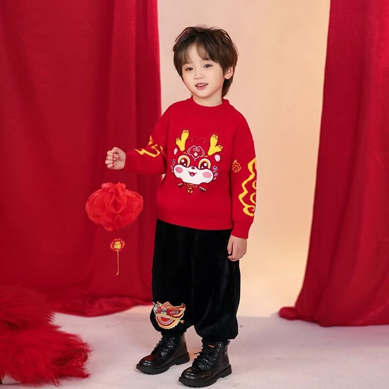 男童拜年服2024新年龙年秋冬季加厚红色毛衣女童水貂绒中国风上衣