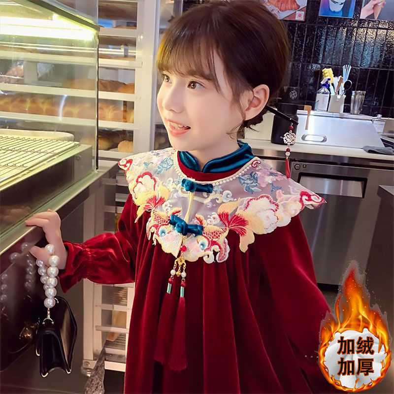 Girls' velvet dress winter wear  new style children's red princess dress girl's Chinese style New Year's wear