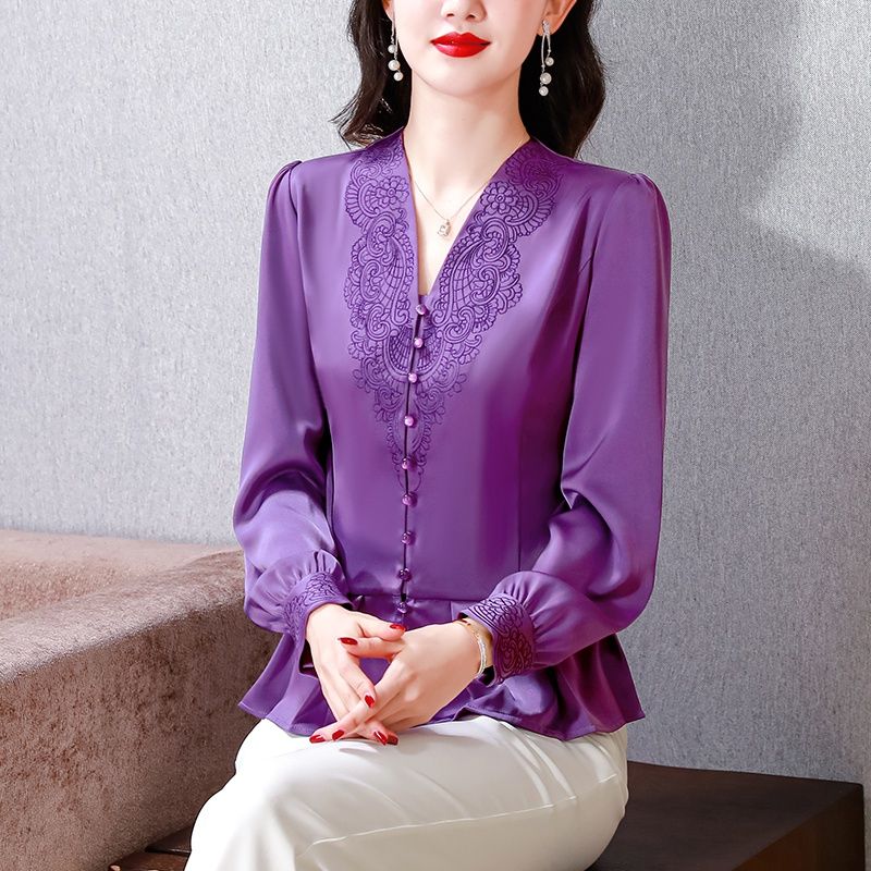 2024春裝中老年刺繡花襯衫女長袖上衣v領襯衣氣質遮肚子收腰顯瘦