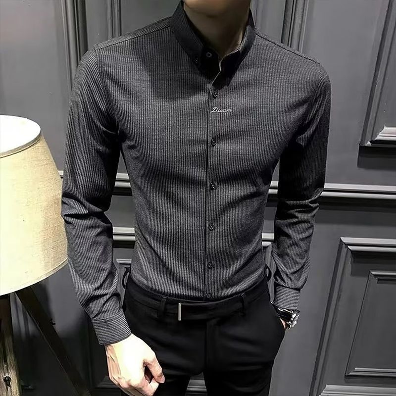 高級感條紋襯衫男士長袖秋冬季新款修身寸衫潮流商務正裝休閒襯衣