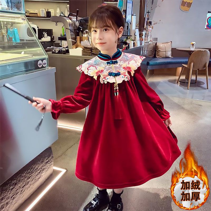 Girls' velvet dress winter wear  new style children's red princess dress girl's Chinese style New Year's wear