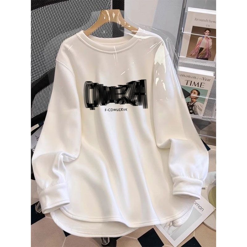 Heavyweight t-shirt white bottoming shirt for women in winter double-sided thickened loose large version lazy style inner long-sleeved top