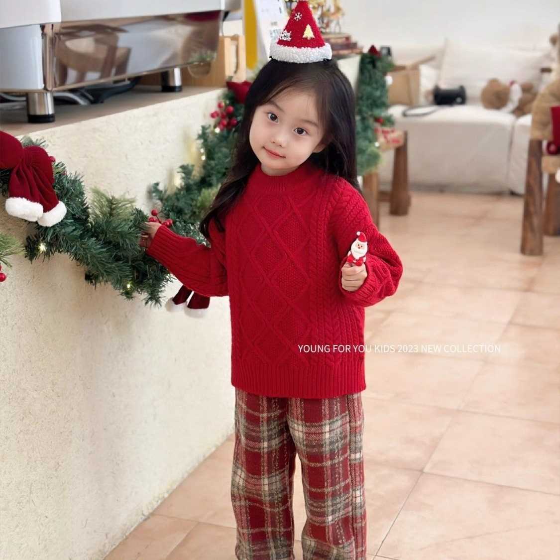 韩国童装2023冬季新款红色针织毛衣女宝宝加绒红色格子直筒裤潮