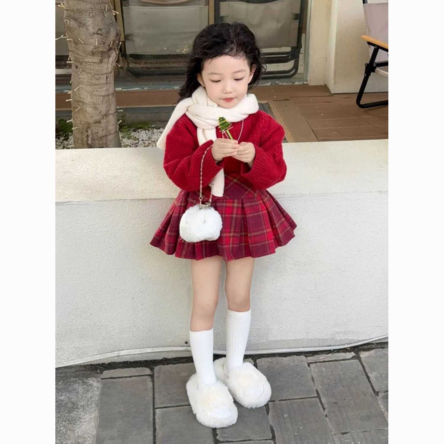 韓版女童2023秋冬新款聖誕新年紅色針織毛衣女寶寶洋氣上衣百褶裙