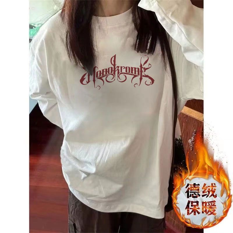 雙面德絨白色打底衫女秋冬內搭新款印花寬鬆百搭磨毛長袖t恤上衣