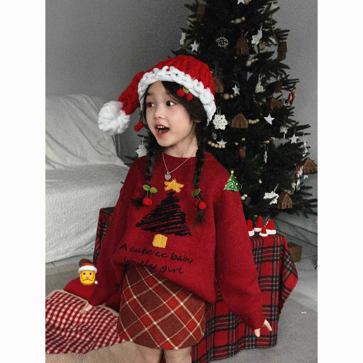 女童圣诞节主题套装秋冬儿童宝宝加厚新年毛呢半裙毛衣红色两件套