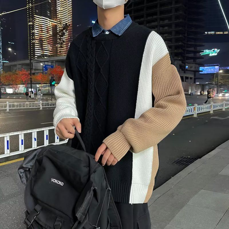 撞色拼接毛衣男女軟糯秋冬加厚慵懶寬鬆ins學生百搭打底衫針織衫