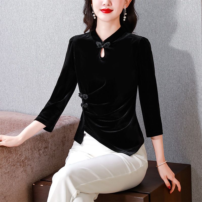 半開領打底衫上衣T恤2024春季新款洋氣氣質修身國風絲絨襯衫女裝