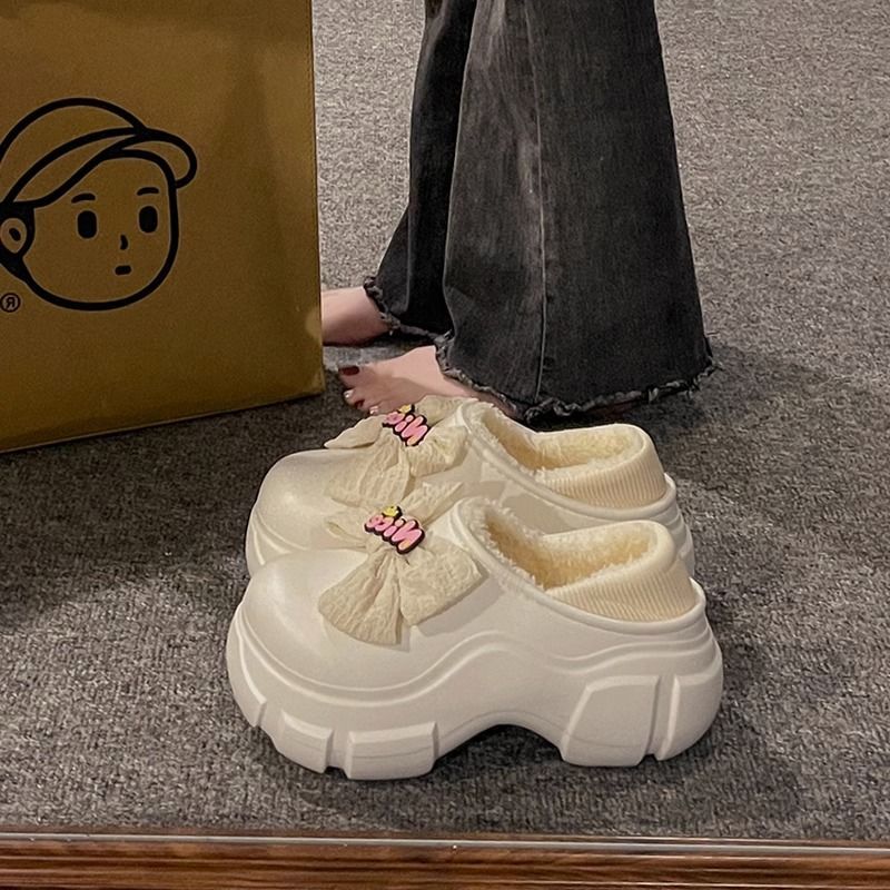 蝴蝶結厚底毛毛鞋女外穿2023年秋冬新款家居防滑增高保暖包頭棉拖